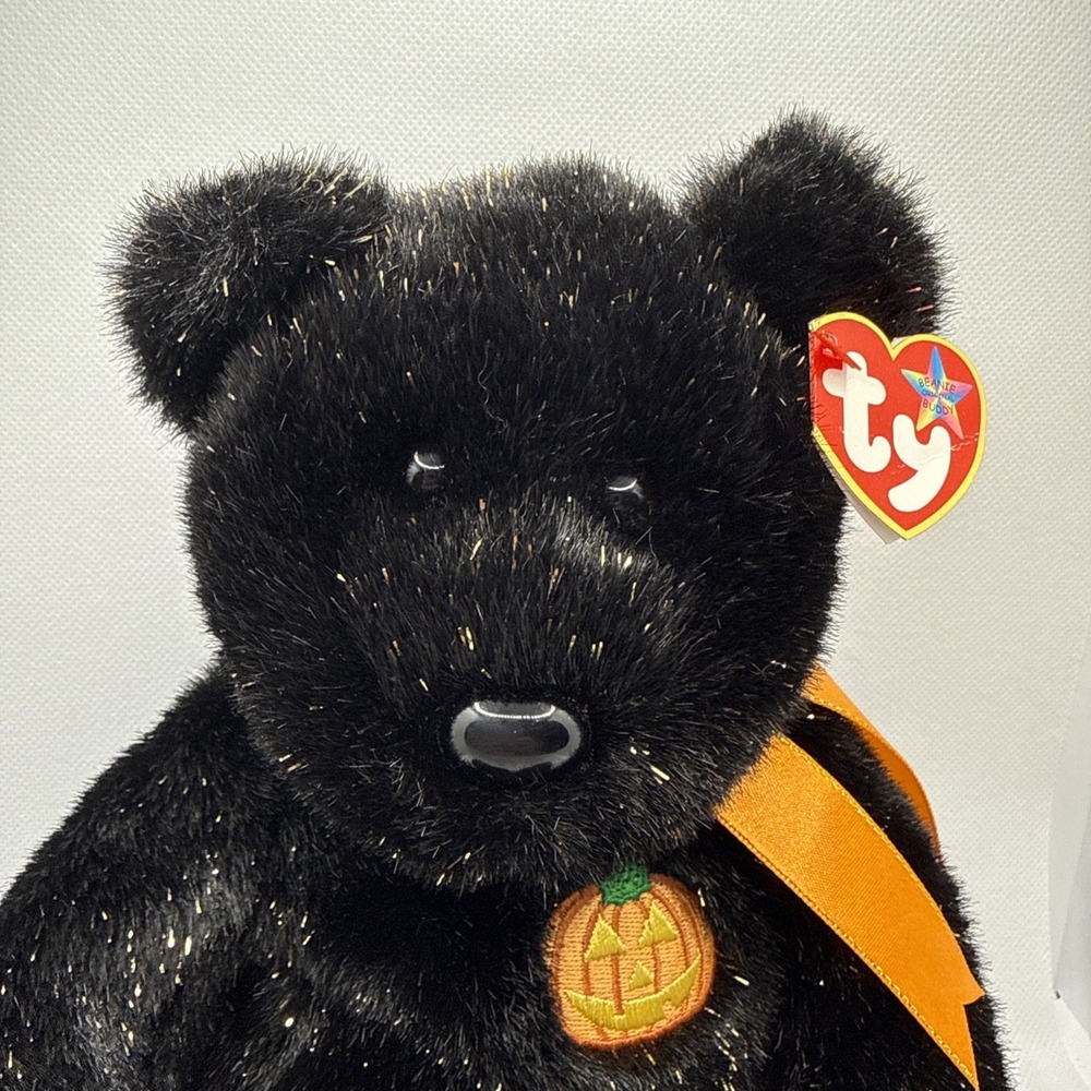 TY Beanie Buddy Haunt 14" Black & Gold Halloween Bear Retired Creased Tag 2002 - Picture 2 of 13
